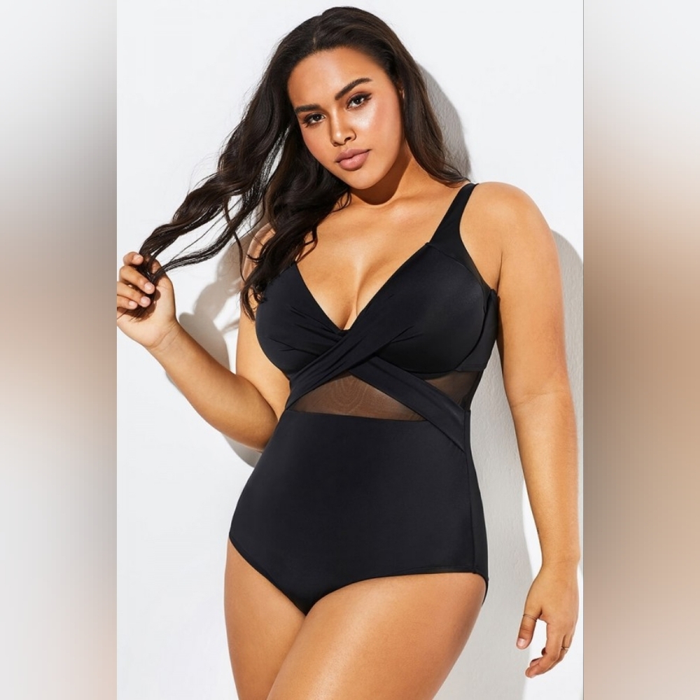 Meet Curve Black Cut Out Mesh Underwire One-Piece Swimsuit - Size 2XL
